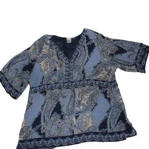 Main Street Blues Womens Plus 32W Blue Multicolored 3/4 Sleeve Tunic Blouse Top